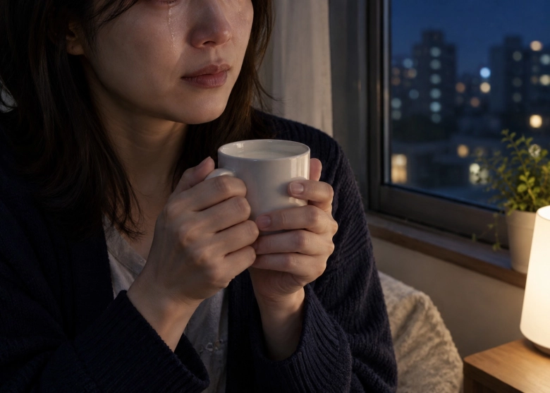 温かい飲み物を手に、少し休む女性