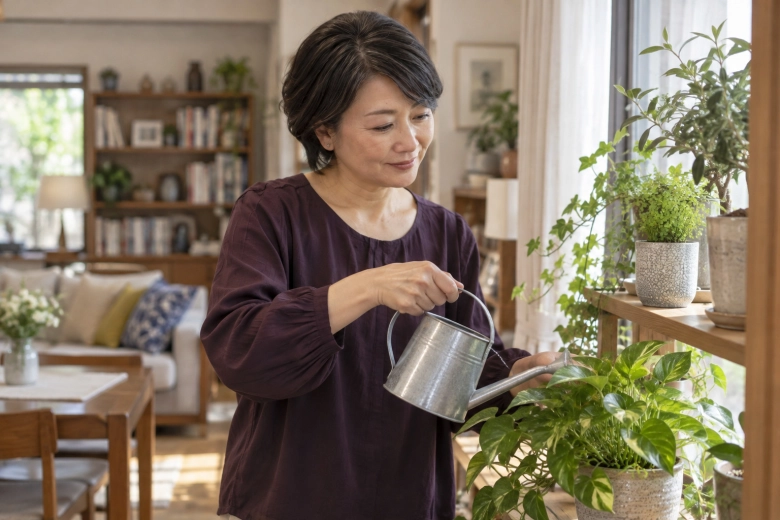 自宅の観葉植物に水をやる女性