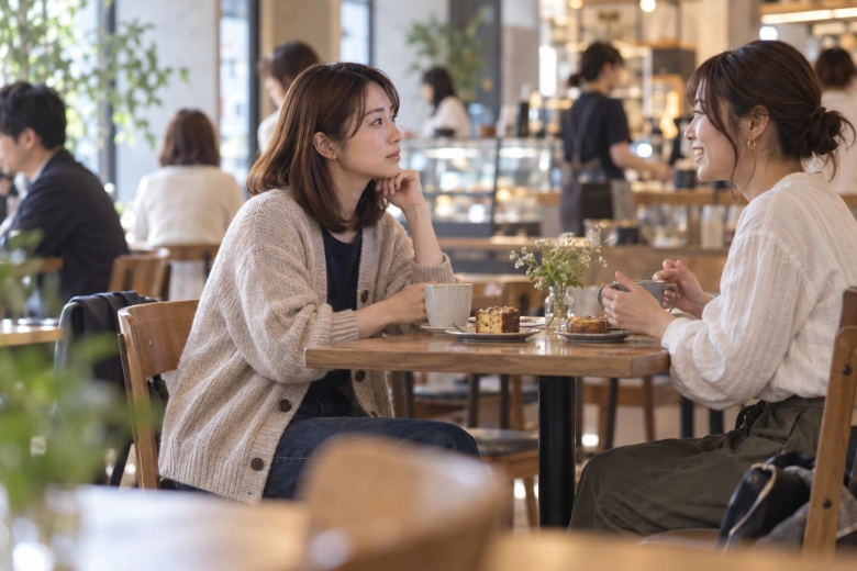 人目のあるカフェで友人と話す女性