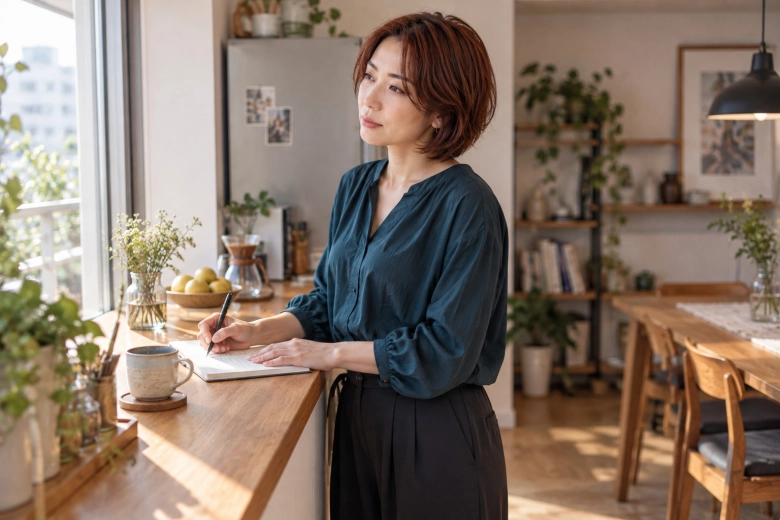 ノートに自分の気持ちを書き出す女性