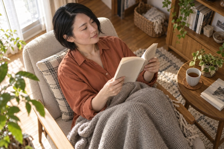 ひざ掛けを使いながら本を読む女性