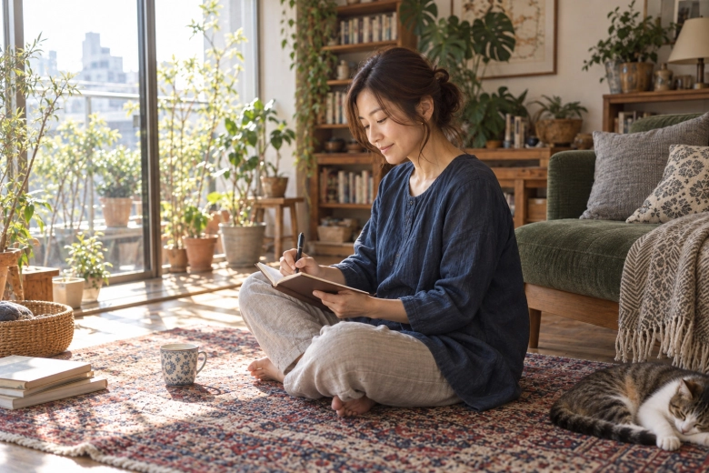 床に座って日記を書く女性