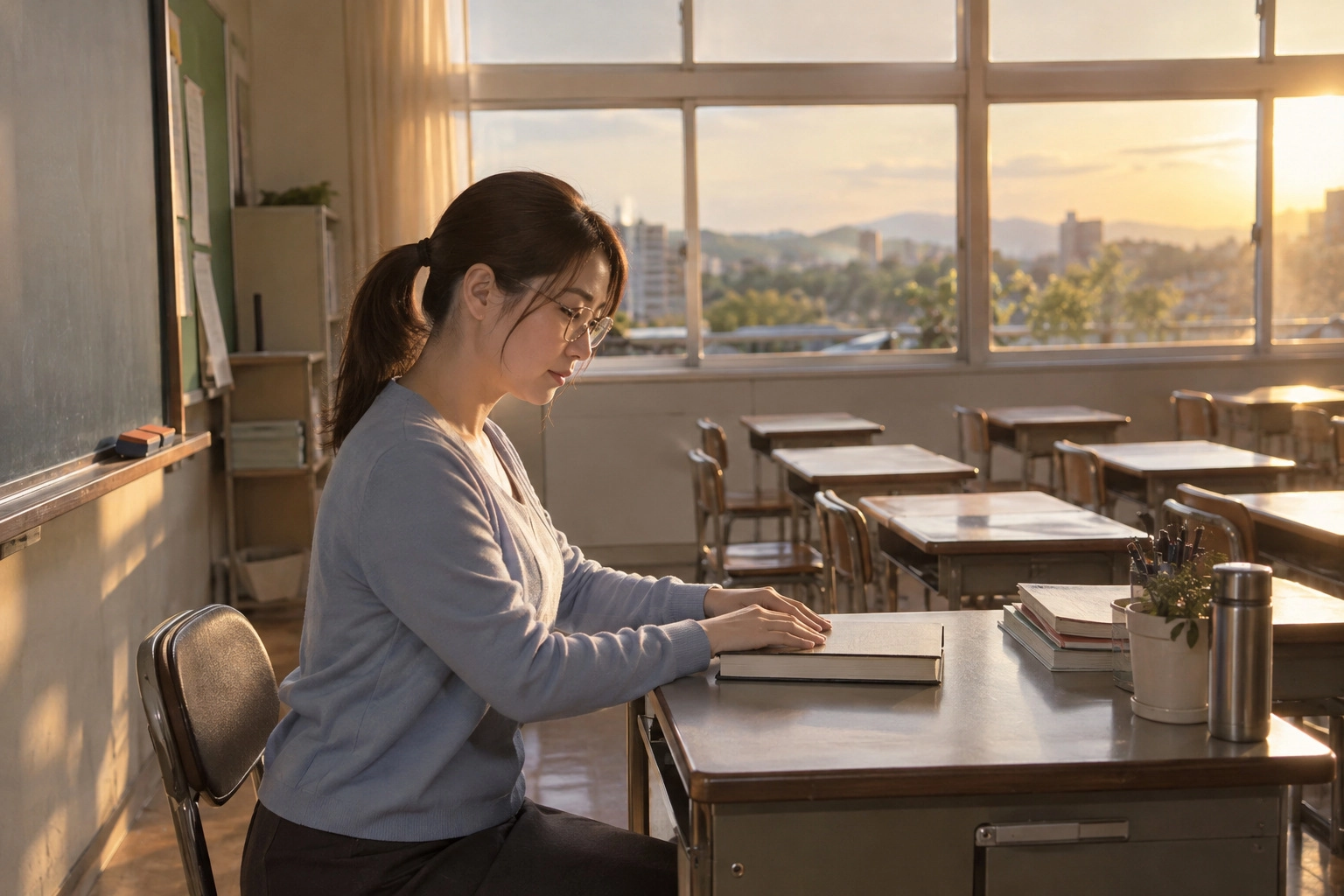 授業のあとの教室で本を閉じる女性教師