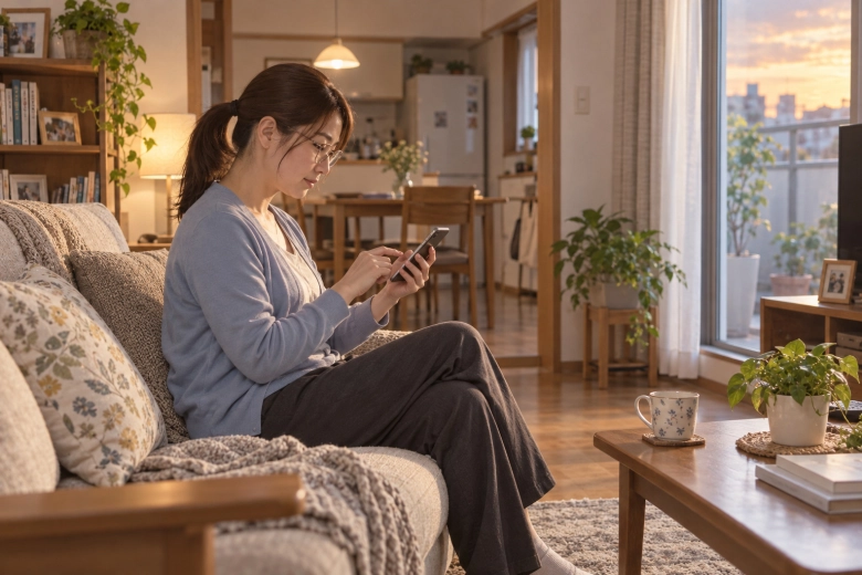 自宅で個人用のスマートフォンを使う女性