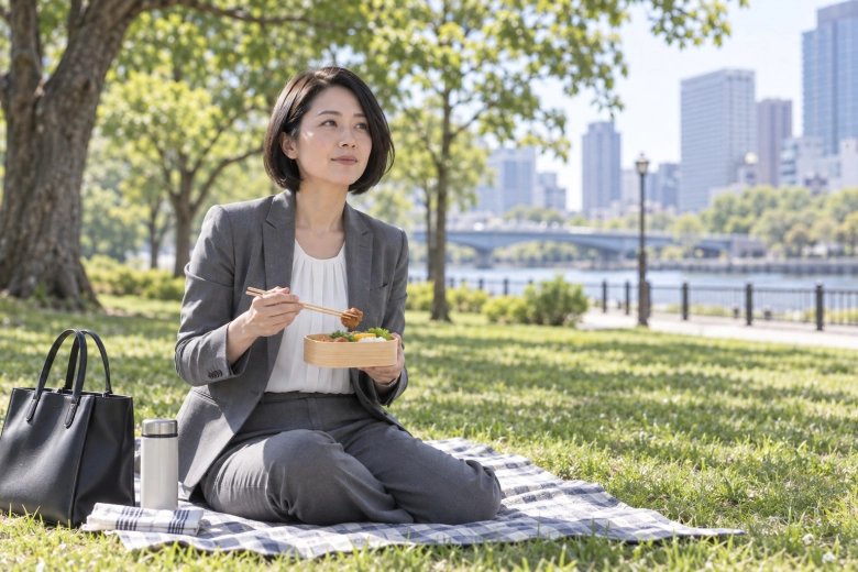 公園でゆっくり昼食をとる女性