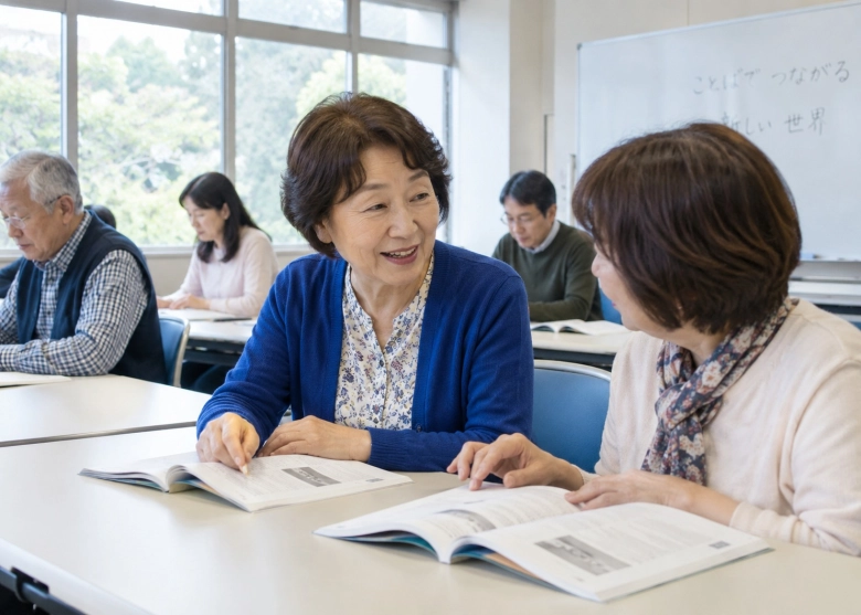 家の外で、学びや会話の時間を持つ女性