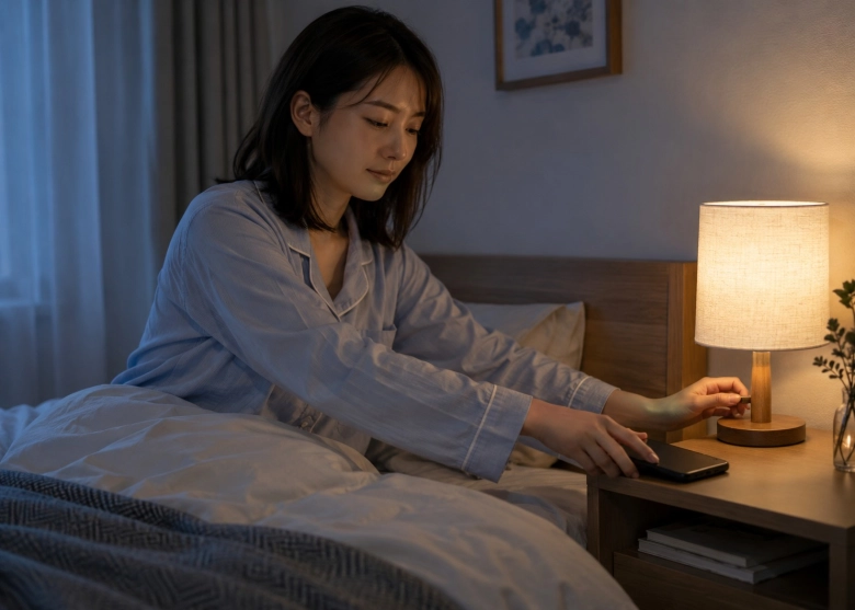 スマートフォンを置き、早めに休む準備をする女性