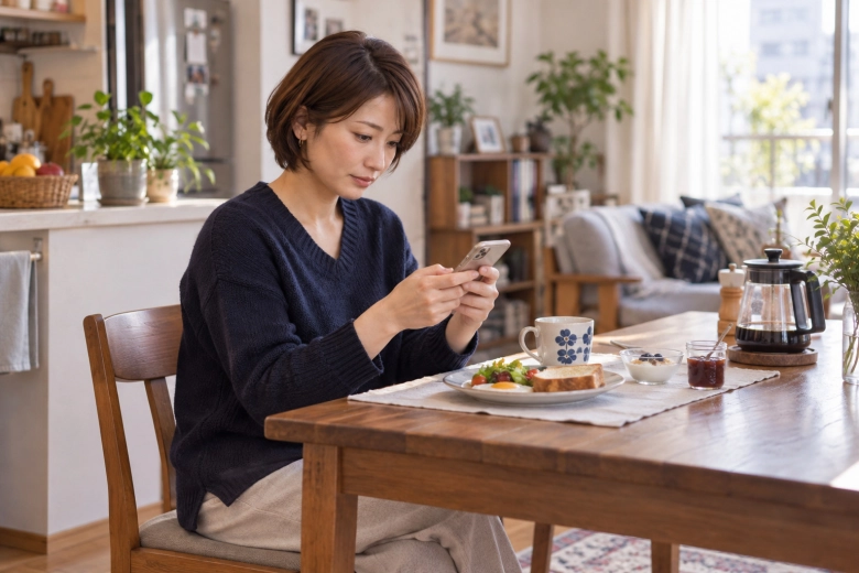 朝食の席で落ち着いて連絡を確認する女性