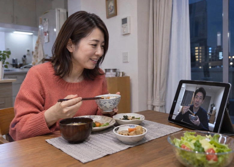 離れた場所から、夕食の時間を共有する夫婦