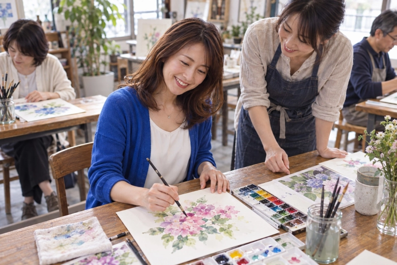 絵画教室で新しい趣味を楽しむ女性