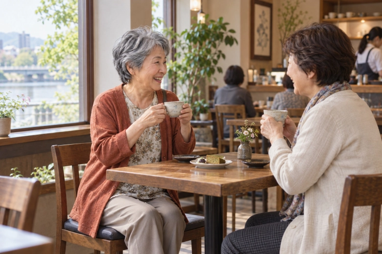 カフェで友人とお茶を楽しむ女性
