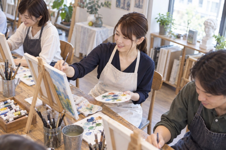 休日の絵画教室に参加する女性