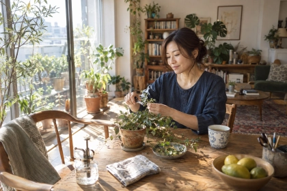 自宅で植物の手入れを楽しむ女性